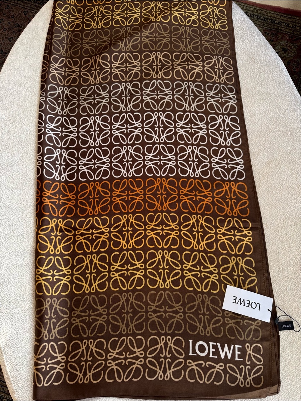 ⚜️Loewe⚜️ Brown Scarf with Multicolored Anagram Pattern 100% silk